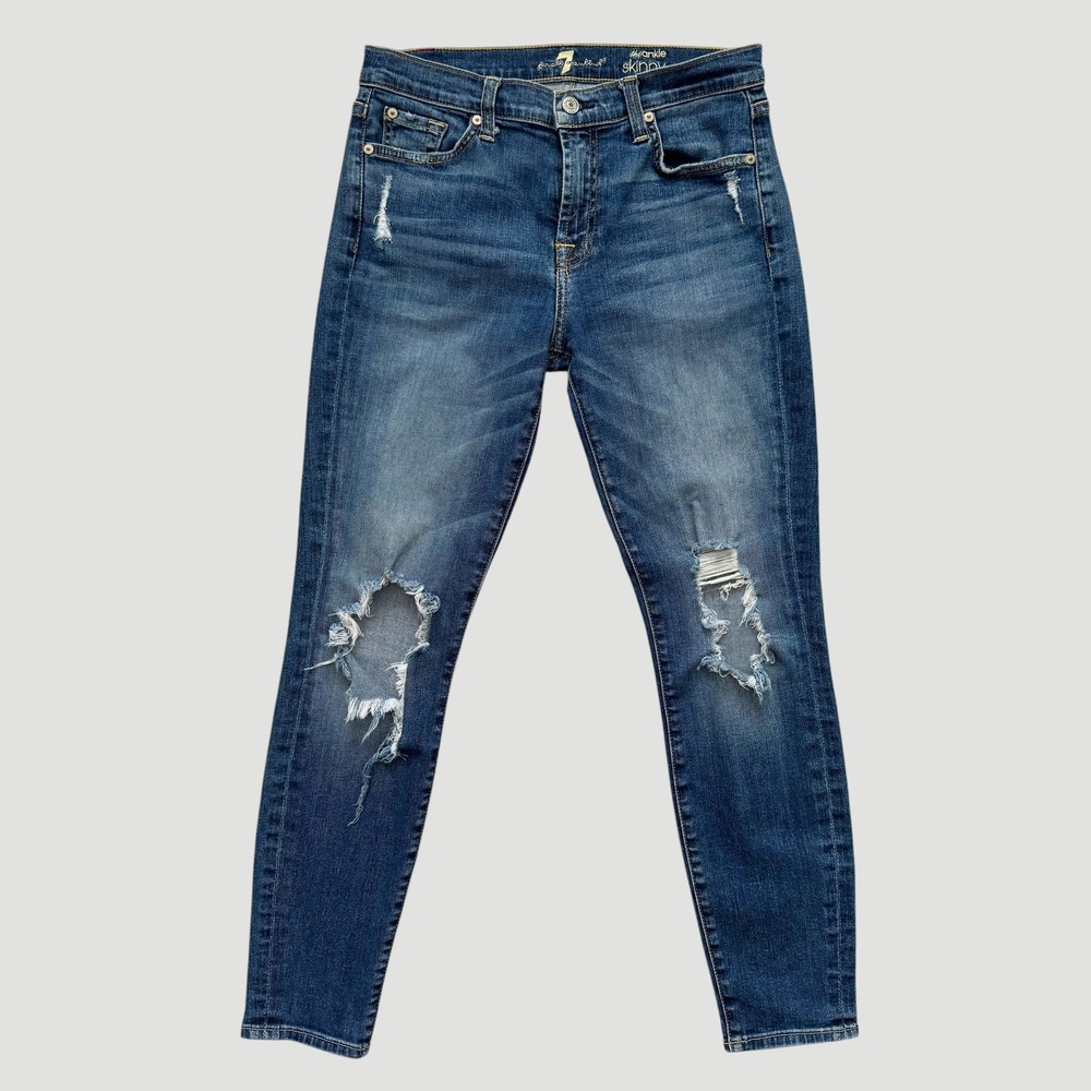 7 For All Mankind Ankle Skinny Distressed Ripped Jeans Blue 27 Grunge Edgy Indie